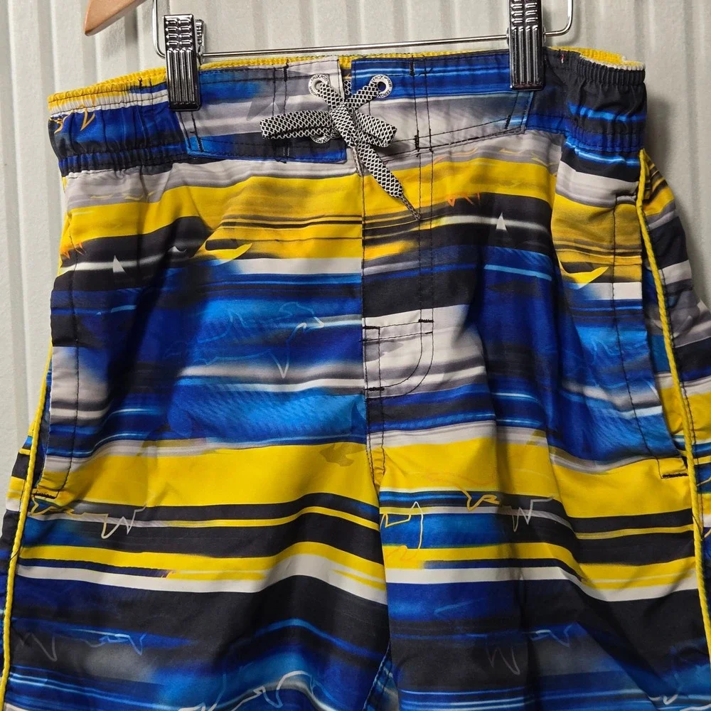 ZeroXposur Boys Swim Trunks Blue Yellow‎ Shark Stripe Board Shorts Size M 10/12